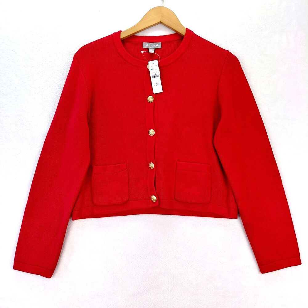 J.Crew Emilie Lady Jacket Sweater Womens M Red Gold Button Relaxed Cardigan NWT